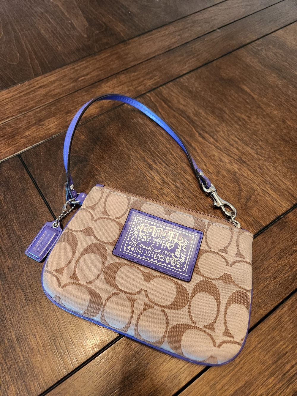 Coach Poppy Tan Signature Canvas Wristlet with Purple Trim 6x4